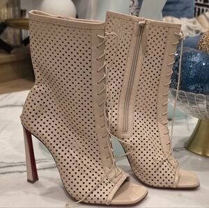 Women's Beige Perforated Lace-Up Peep-Toe Ankle Boots